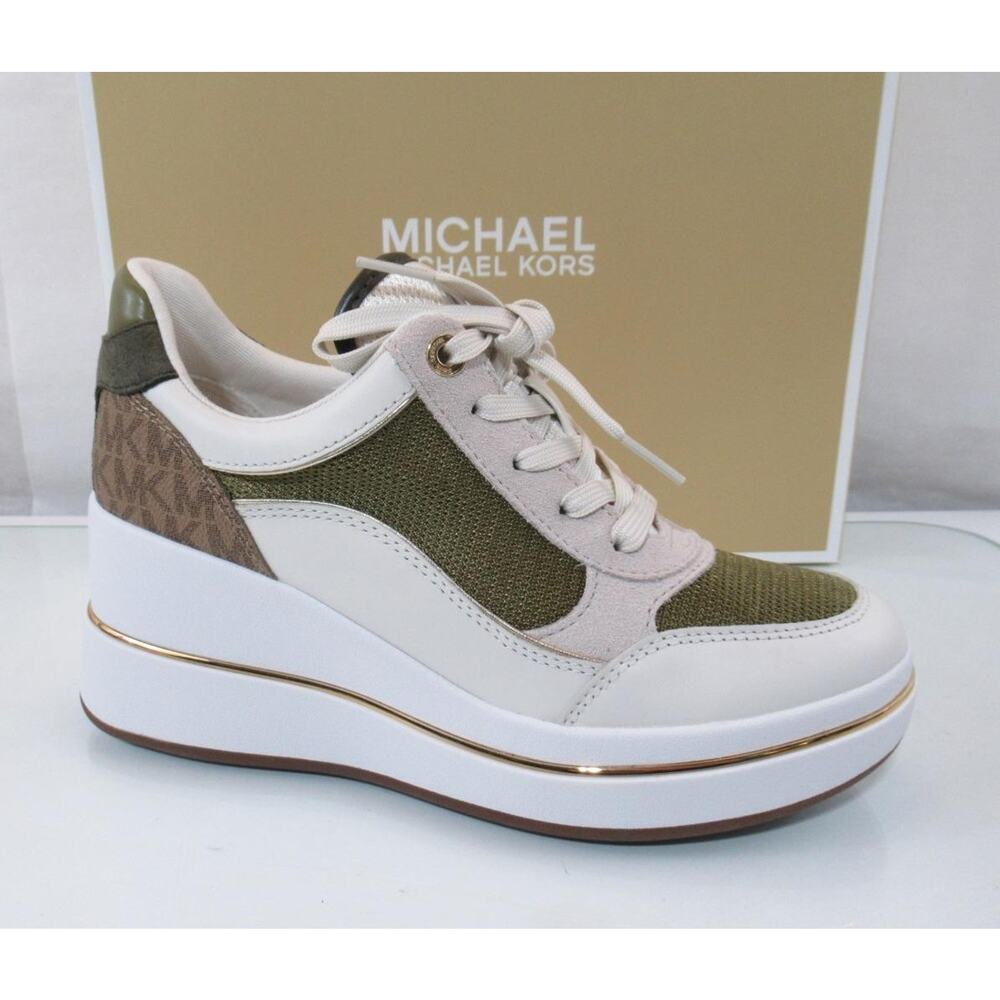Michael Kors Emmy Wedge Trainer Lace Up Sneakers Leather Husk Multi